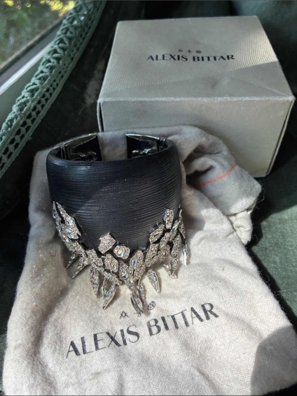 Alexis Bittar Cascade Fringe Black lucite Cuff with Crystal Embellishments.